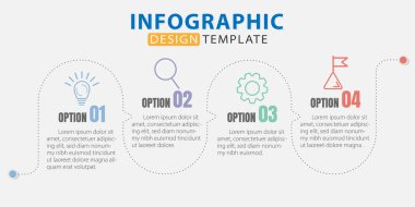 Infographic tasarım şablonu. 4 seçenek ya da adım şablonlu zaman çizelgesi konsepti. Yol haritası diyagramı, planlama konuları, yıllık rapor, sunum. Düzen, Vektör illüstrasyonu.