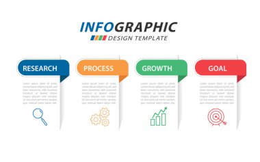 Infographic tasarım şablonu. 4 seçenek ya da adım şablonlu zaman çizelgesi konsepti. Yol haritası diyagramı, planlama konuları, yıllık rapor, sunum. Düzen, Vektör illüstrasyonu.