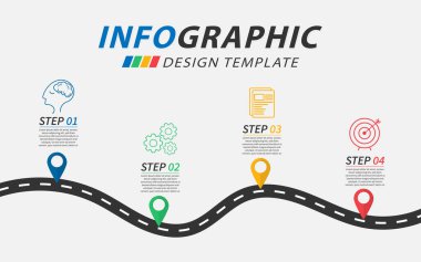 Zaman çizelgesi bilgi şablonu. 4 adım zaman çizgisi yolculuğu, takvim düz bilgi grafikleri tasarım şablonu. Sunum grafiği 4 seçenekli iş konsepti, vektör illüstrasyonu.