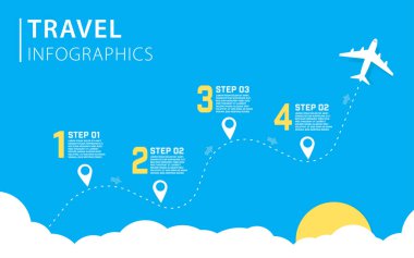 Infographic tasarım şablonu. 4 seçenek ya da adım şablonlu zaman çizelgesi konsepti. Düzen, diyagram, yıllık, uçaklar, seyahat, rapor, sunum. Vektör illüstrasyonu.