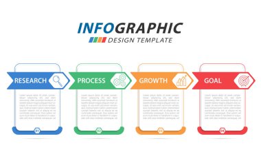 Infographic tasarım şablonu. 4 seçenek ya da adım şablonlu zaman çizelgesi konsepti. Yol haritası diyagramı, planlama konuları, yıllık rapor, sunum. Düzen, Vektör illüstrasyonu.