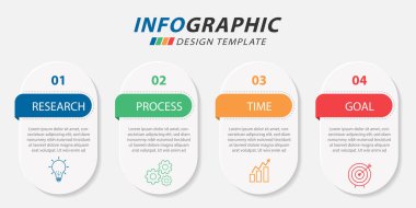 Infographic tasarım şablonu. 4 seçenek ya da adım şablonlu zaman çizelgesi konsepti. Yol haritası diyagramı, planlama konuları, yıllık rapor, sunum. Düzen, Vektör illüstrasyonu.