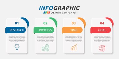 Infographic tasarım şablonu. 4 seçenek ya da adım şablonlu zaman çizelgesi konsepti. Yol haritası diyagramı, planlama konuları, yıllık rapor, sunum. Düzen, Vektör illüstrasyonu.