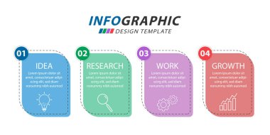 Infographic tasarım şablonu. 4 seçenek ya da adım şablonlu zaman çizelgesi konsepti. Yol haritası diyagramı, planlama konuları, yıllık rapor, sunum. Düzen, Vektör illüstrasyonu.