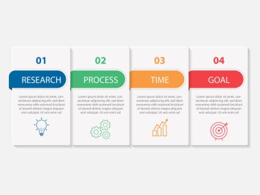 Infographic tasarım şablonu. 4 seçenek ya da adım şablonlu zaman çizelgesi konsepti. Yol haritası diyagramı, planlama konuları, yıllık rapor, sunum. Düzen, Vektör illüstrasyonu.