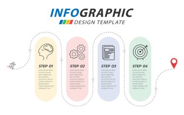 Infographic tasarım şablonu. 4 seçenek ya da adım şablonlu zaman çizelgesi konsepti. Yol haritası diyagramı, planlama konuları, yıllık rapor, sunum. Düzen, Vektör illüstrasyonu.