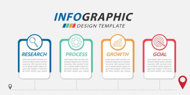 Infographic tasarım şablonu. 4 seçenek ya da adım şablonlu zaman çizelgesi konsepti. Yol haritası diyagramı, planlama konuları, yıllık rapor, sunum. Düzen, Vektör illüstrasyonu.