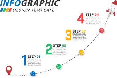 Infographic tasarım şablonu. 4 seçenek ya da adım şablonlu zaman çizelgesi konsepti. Yol haritası diyagramı, planlama konuları, yıllık rapor, sunum. Düzen, Vektör illüstrasyonu.