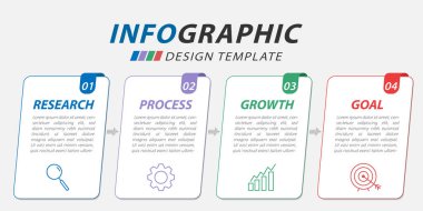 Infographic tasarım şablonu. 4 seçenek ya da adım şablonlu zaman çizelgesi konsepti. Yol haritası diyagramı, planlama konuları, yıllık rapor, sunum. Düzen, Vektör illüstrasyonu.