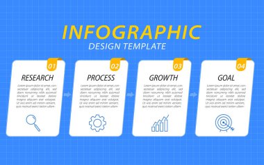 Infographic tasarım şablonu. 4 seçenek ya da adım şablonlu zaman çizelgesi konsepti. Yol haritası diyagramı, planlama konuları, yıllık rapor, sunum. Düzen, Vektör illüstrasyonu.