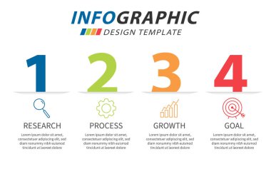 Infographic tasarım şablonu. 4 seçenek ya da adım şablonlu zaman çizelgesi konsepti. Yol haritası diyagramı, planlama konuları, yıllık rapor, sunum. Düzen, Vektör illüstrasyonu.
