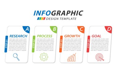 Infographic tasarım şablonu. 4 seçenek ya da adım şablonlu zaman çizelgesi konsepti. Yol haritası diyagramı, planlama konuları, yıllık rapor, sunum. Düzen, Vektör illüstrasyonu.
