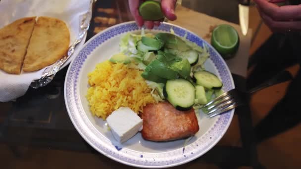 Salmon Rice Avocado Lemon Cheese Cabbage Cucumber Salad Large Plate — Vídeo de stock