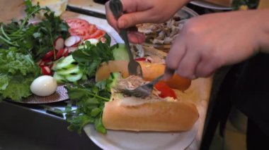 Tavuk, turp, yumurta, domates ve salatalıklı salvador ekmeği. Yüksek kalite 4k görüntü