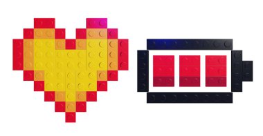 Plastik tuğlaların 3D görüntülenmesi beyaz arka planda izole edilmiş Valentine 'ın aşk kalbini şarj eder