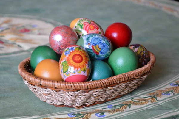 Closeup Weave Basket Multicolored Dyed Eggs Traditional Easter Celebration Bulgaria — Stock Photo, Image