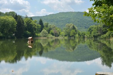 Yazın Starozagorski bani Gölü - Bulgaristan 'da sıcak su kaynakları ve güzel doğayla turizm ve eğlence için bir yer. Kopya spac ile yatay resim