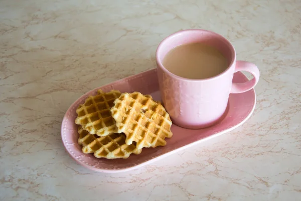 Pink Set Cup Plate Homemade Waffles Cappuccino Breakfast Sunlit Table — Stock Photo, Image