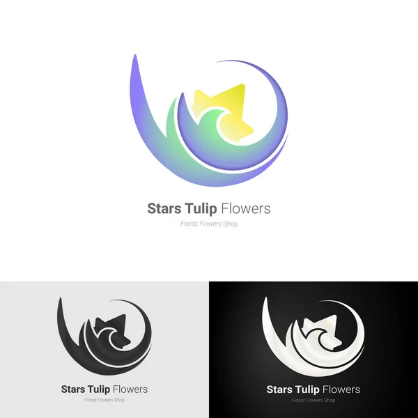Çiçekçi Logosu Kombine Ay, Yıldızlar ve Lale Çiçekleri