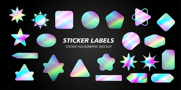 Yapıştırma holografik. Çeşitli şekillerde hologram etiketi. Tasarım modelleri için çıkartma şekilleri. Önizleme etiketleri, etiketler, vektör illüstrasyonu için holografik etiket