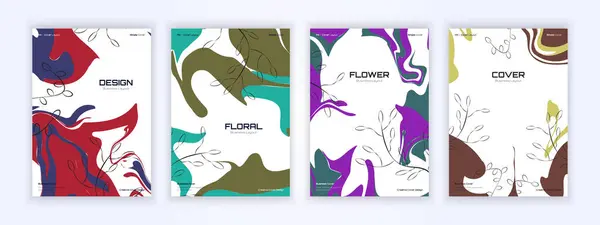 Çizgi elementleri, dallar, yapraklar, otlar, bitkiler içeren soyut bir arka plan tasarımı seti