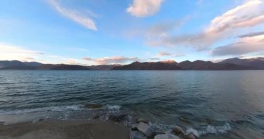 Pangong Lake with blue water calm breeze blowing, early morning clean view