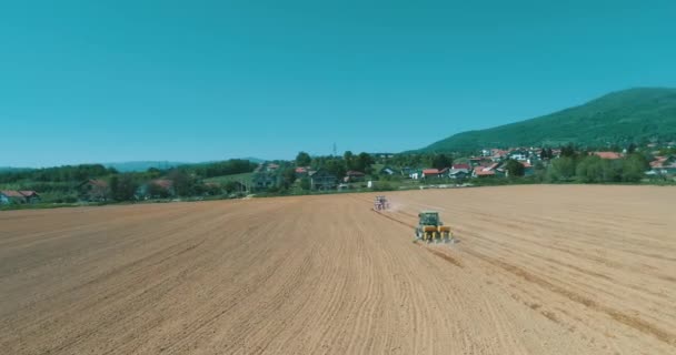 Drone Aerial Shot Farmer Tractor Seeding Sowing Agricultural Crops Field — Stockvideo