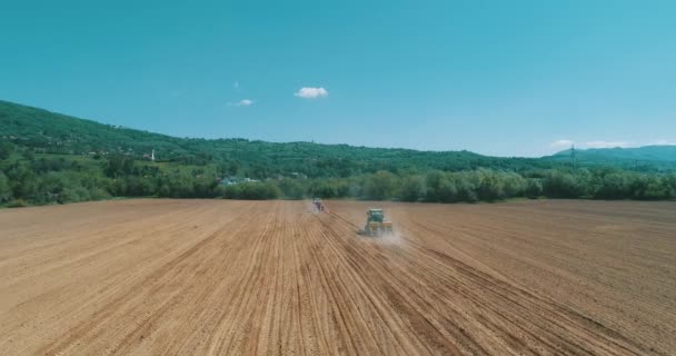 Drone Aerial Shot Farmer Tractor Seeding Sowing Agricultural Crops Field — Stock Video