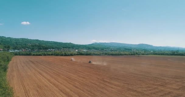 Drone Aerial Shot Farmer Tractor Seeding Sowing Agricultural Crops Field — Wideo stockowe