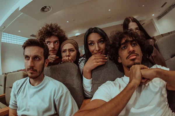 Diverse Group Friends Terrified Expressions Together Cinema Watch Horror Film — Stock Photo, Image