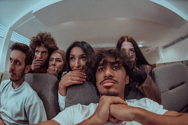Diverse Group Friends Terrified Expressions Together Cinema Watch Horror Film — Stock Photo, Image