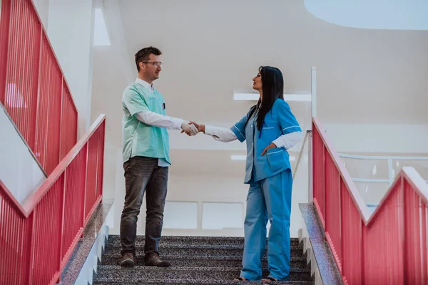 Médecin Infirmière Chef Département Médecine Échangent Une Poignée Main Dans — Photo