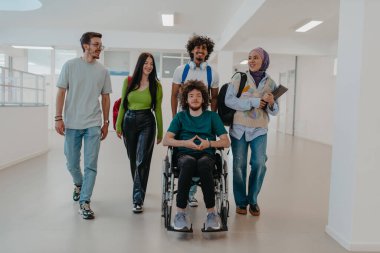 Modern bir üniversitede, aralarında Afro-Amerikalı bir öğrenci ve tesettürlü bir kadının da bulunduğu bir grup öğrenci, tekerlekli sandalyeye mahkum meslektaşlarıyla birlikte koridorda birlikte yürüyorlar.
