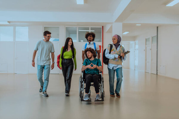 In a modern university, a diverse group of students, including an Afro-American student and a hijab-wearing woman, walk together in the hallway, accompanied by their wheelchair-bound colleague