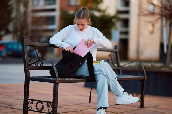 Güzel sarışın bir genç kız okulun dışında bir bankta oturuyor ve kitaplarını derslere ve eğitime hazırlıyor.. 