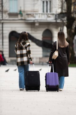 Şehir parkında bavullarıyla yan yana duran iki kadın turist. Bayan Turistler Bavulla Dışarıda Bekliyor
