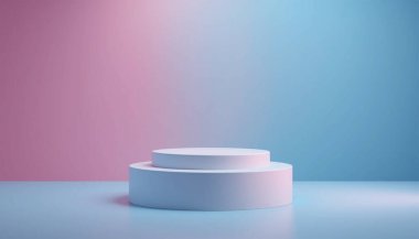 mavi ve pembe arkaplanda beyaz silindir podyumu
