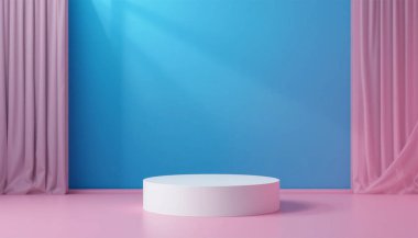 mavi ve pembe arkaplanda beyaz silindir podyumu