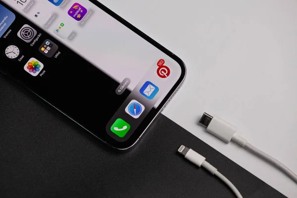 Arkaplanı siyah-beyaz olan iPhone, siyah-beyaz olan şarj cihazını, beyaz olan ise yeni tip c. Moldova, Hincesti, 11.09.2023. Yüksek kalite fotoğraf