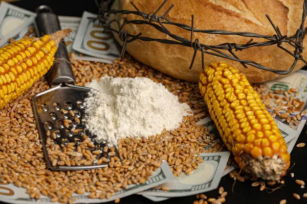 A very rich picture that shows us a very big crisis of bread, corn, wheat, dollars, flour. High quality photo