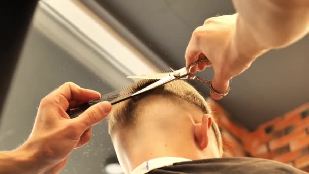 Man Barber Cutting Little Boys Hair Using Comb Scissors Child — стоковое видео