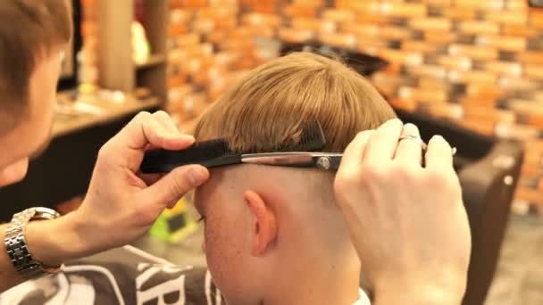 Професійний Перукар Вирізає Волосся Маленького Хлопчика Своєму Перукарні Концепція Перукарства — стокове відео
