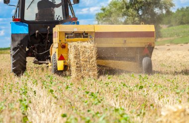 Traktör saman balyaları topluyor. Yüksek kalite fotoğraf