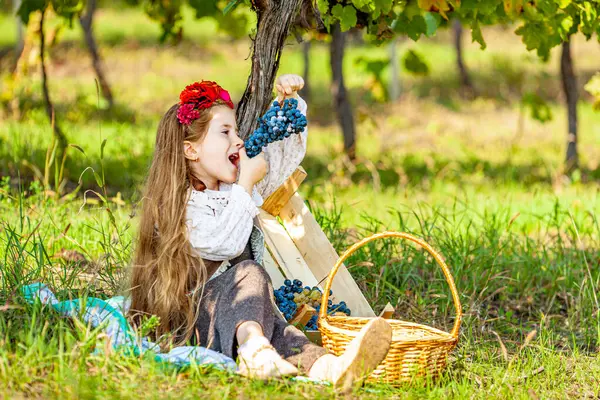 Sarışın, kıvırcık, üzüm yiyen, üzüm tutan, havada üzüm tutan küçük kız. Yüksek kalite fotoğraf
