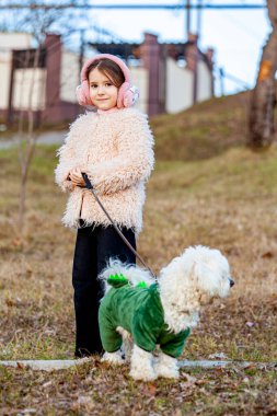 Hayvan ve insanın güzel dostluğunun ön görüntüsü. Şirin küçük kız güneşli bir günde köpeğiyle dışarıda yürüyüşe çıkıyor. Yüksek kalite fotoğraf