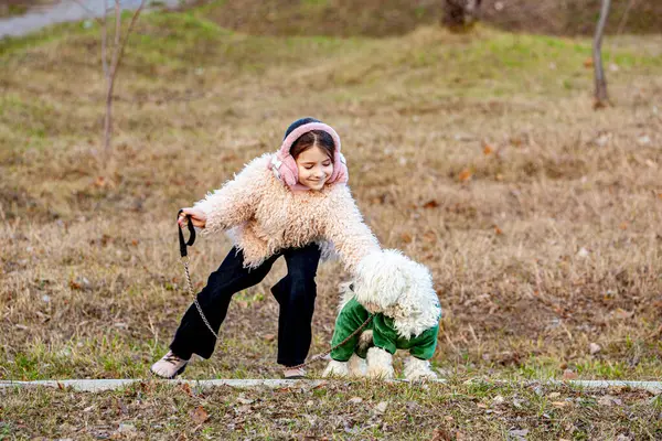 Sevimli küçük anaokulu kızı doğada bir aile köpeğiyle yürüyüşe çıkıyor. Mutlu gülümseyen çocuk köpekle eğleniyor, koşuyor ve sarılıyor. Dışarıda mutlu bir aile. Hayvanlar ve çocuklar arasındaki dostluk ve sevgi