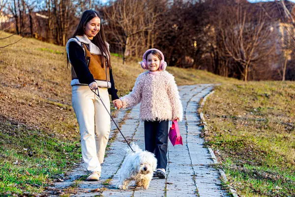 Gün batımında, tüylü beyaz köpek olan en iyi arkadaşlarıyla yürürken iki güzel kızın fotoğrafı. En mutluları ve sağlıklı bir yaşam tarzları var. Yüksek kalite fotoğraf