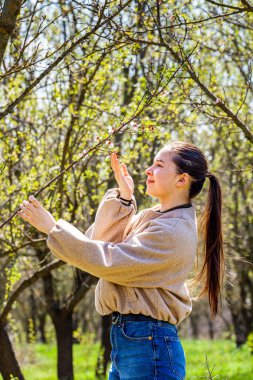 Genç bir kadın cep telefonunda pembe çiçekler olan bir meyve dalının fotoğrafını çekiyor. Kiraz çiçeklerinin güzelliğine hayran olan kız, bahar doğasını yakalamak için akıllı telefonunu kullanıyor. Yüksek kalite