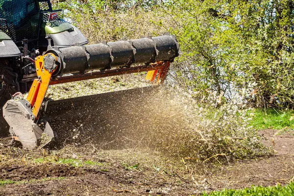 Orman temizliği konusunda uzmanlaşmış bir traktörün resmi tüm ağaçları ve çalıları yok etme sürecinde. Ormanların tahrip edilmesini durdurun. Doğayı yok eden büyük bir traktörün resmi. Yüksek kalite