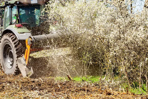Orman temizliği konusunda uzmanlaşmış bir traktörün resmi tüm ağaçları ve çalıları yok etme sürecinde. Ormanların tahrip edilmesini durdurun. Doğayı yok eden büyük bir traktörün resmi. Yüksek kalite